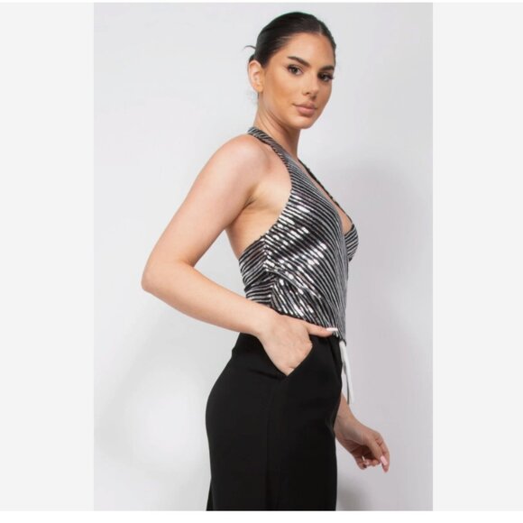 Women's Party Sleeveless Cut Out Front Surplice Tank Halter Sequin Top Size L - Picture 2 of 3